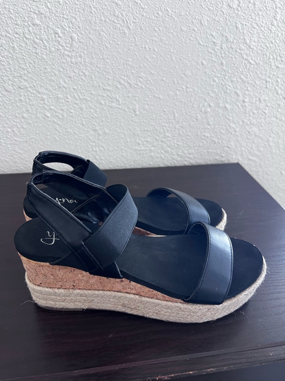 Y-Not? Black Espadrille Wedge Sandals Cork Platform Stretch Strap Size 7